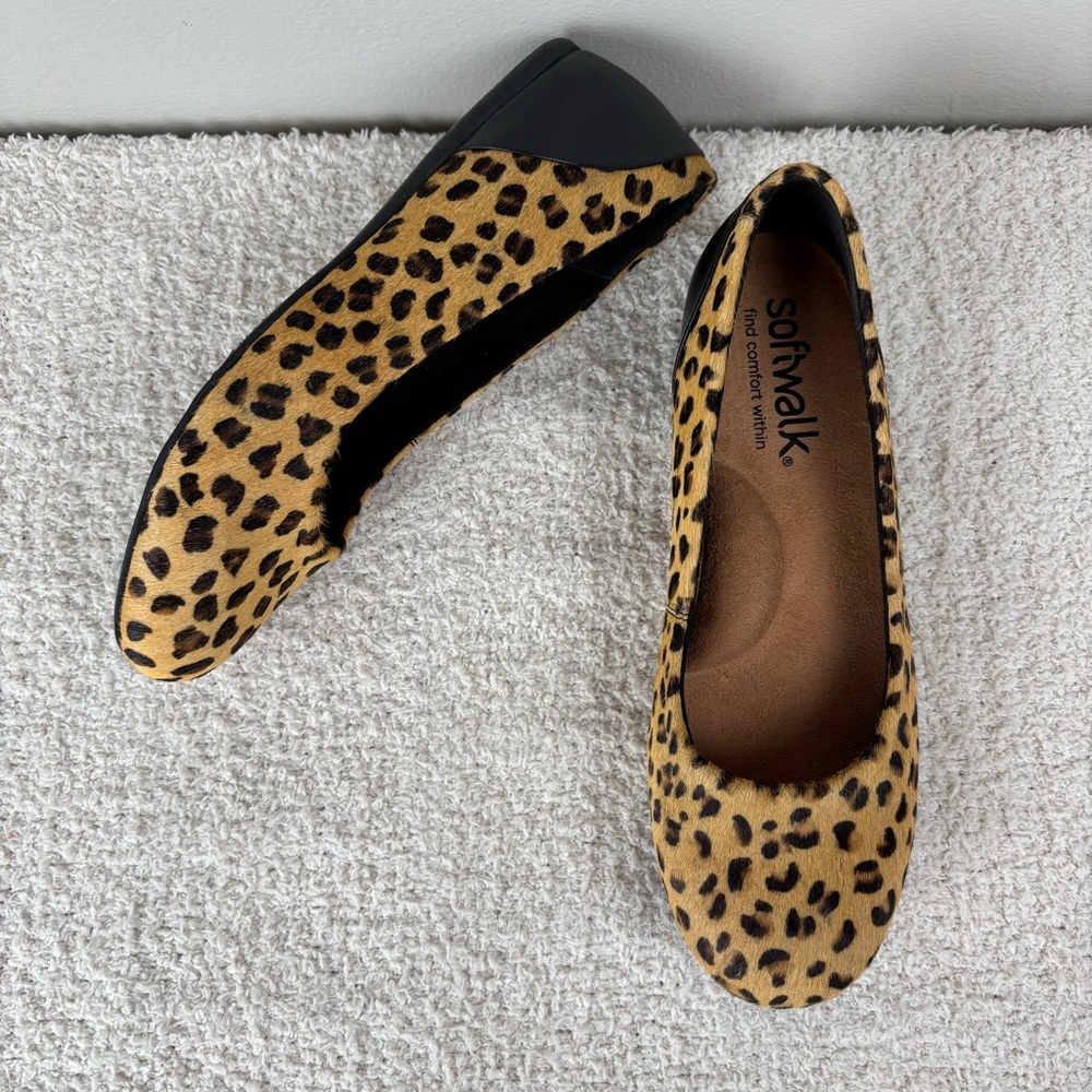 SoftWalk Shoes Women 8M Tan Black Sonoma Ballet Flats in Cheetah Pattern Comfort